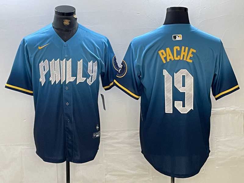 Men%27s Philadelphia Phillies #19 Cristian Pache Blue 2024 City Connect Limited Stitched Jersey